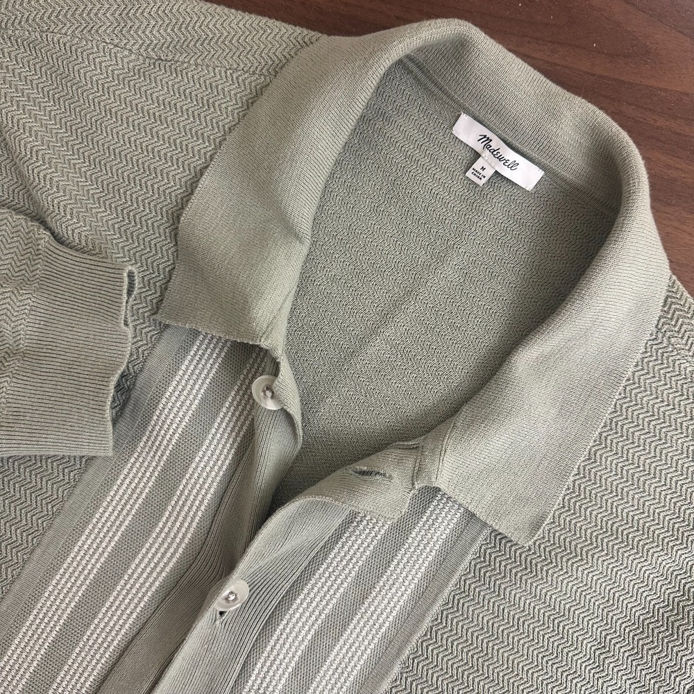 Madewell Sweater Polo Cardigan Sage Green Striped Long Sleeve Button Up Men M
